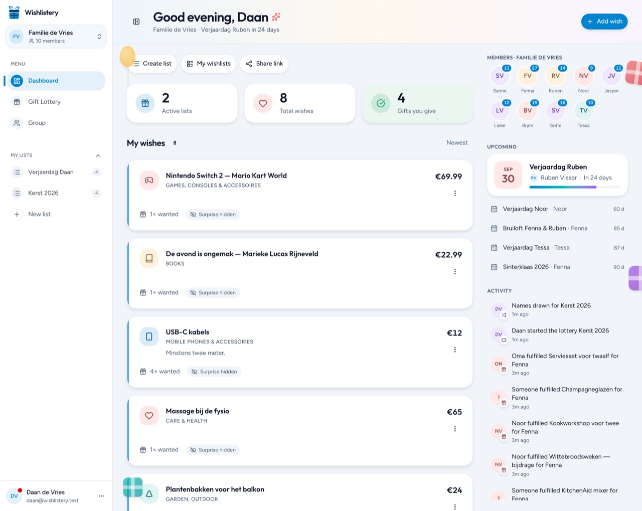The Wishlistery dashboard with your group's wishes, members and activity