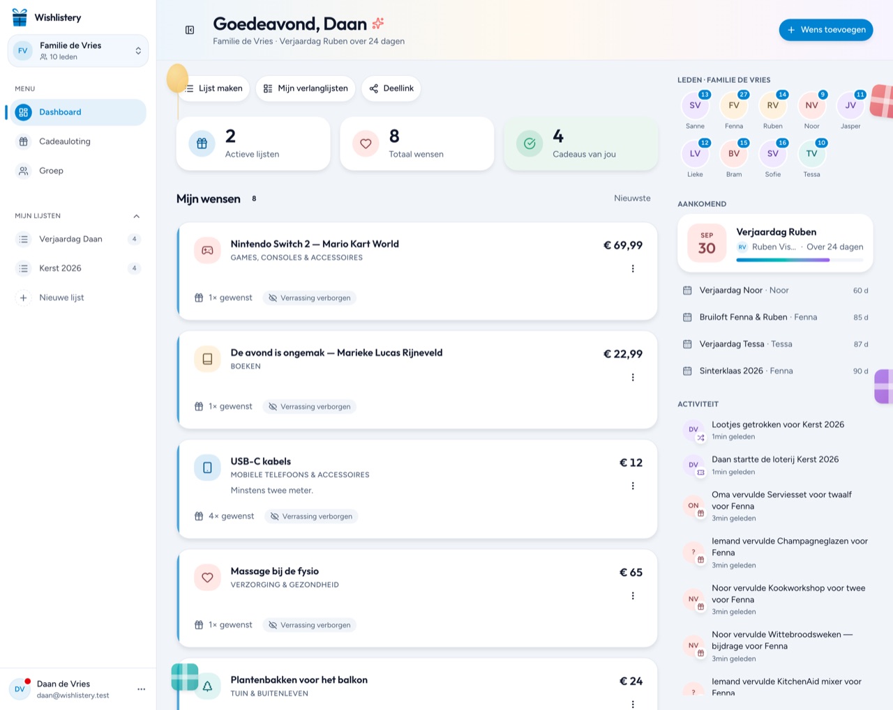 Het Wishlistery dashboard met wensen, leden en activiteit van je groep