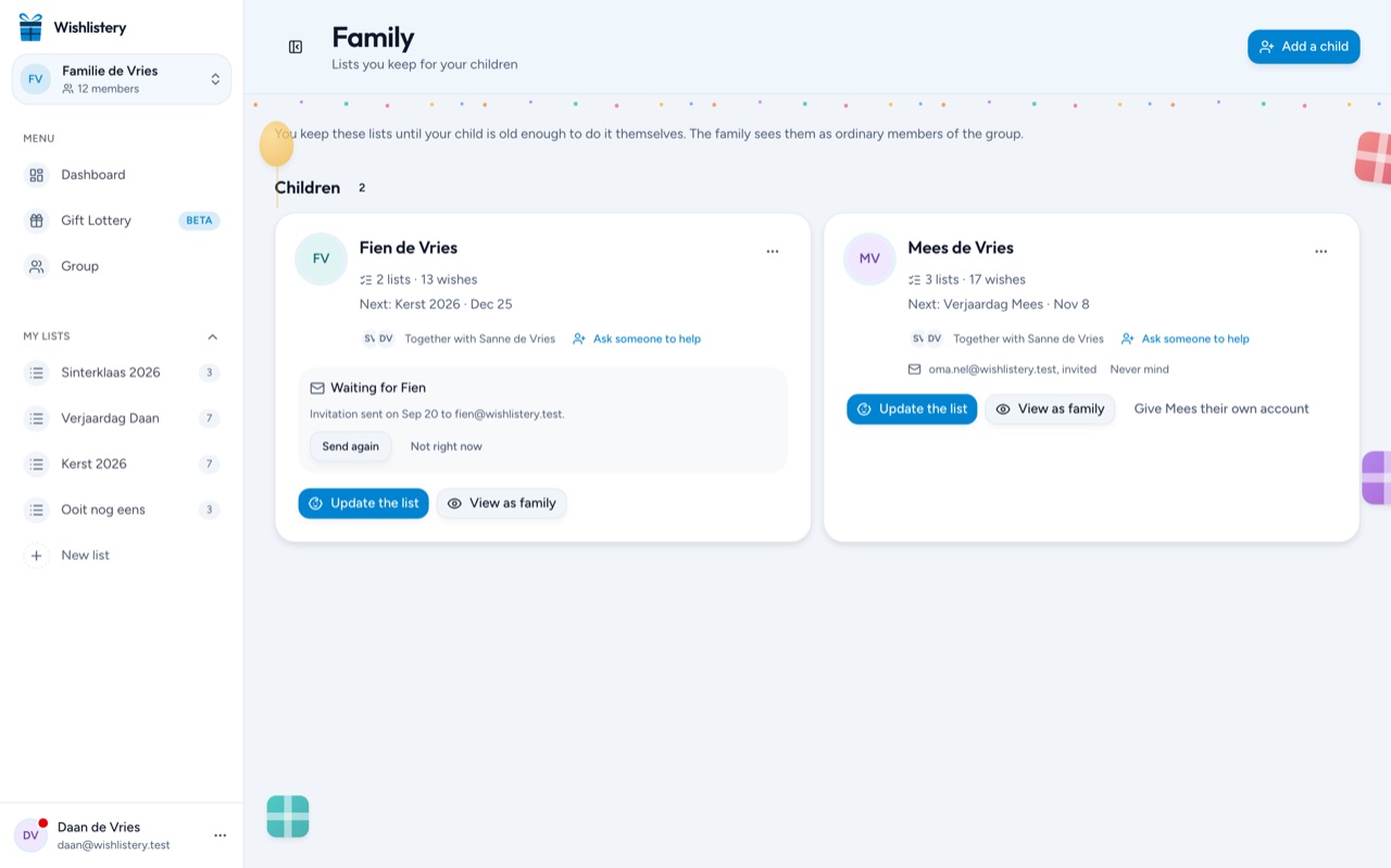 The Wishlistery family overview with the lists parents keep for their children